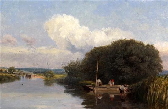 John Henry Dearle (British, 1860–1932) River landscape with reed cutters, 13 x 20in.